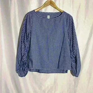 Gap Blue Gingham Plaid Top Ruched Shirted Sleeves Square Neck Small